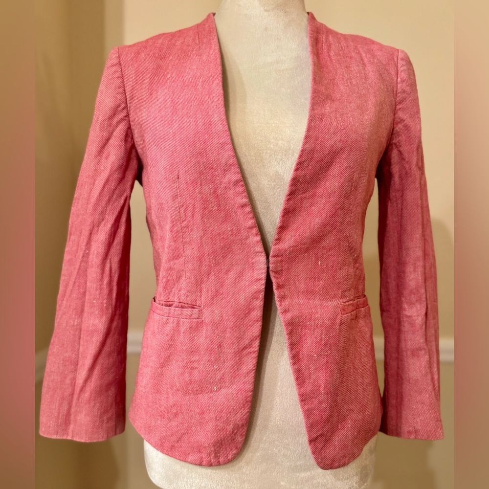 🍓LOFT Linen Cotton Red-Pink Open Front Blazer Jacket w/ 3/4 flared sleeves, Sz 2